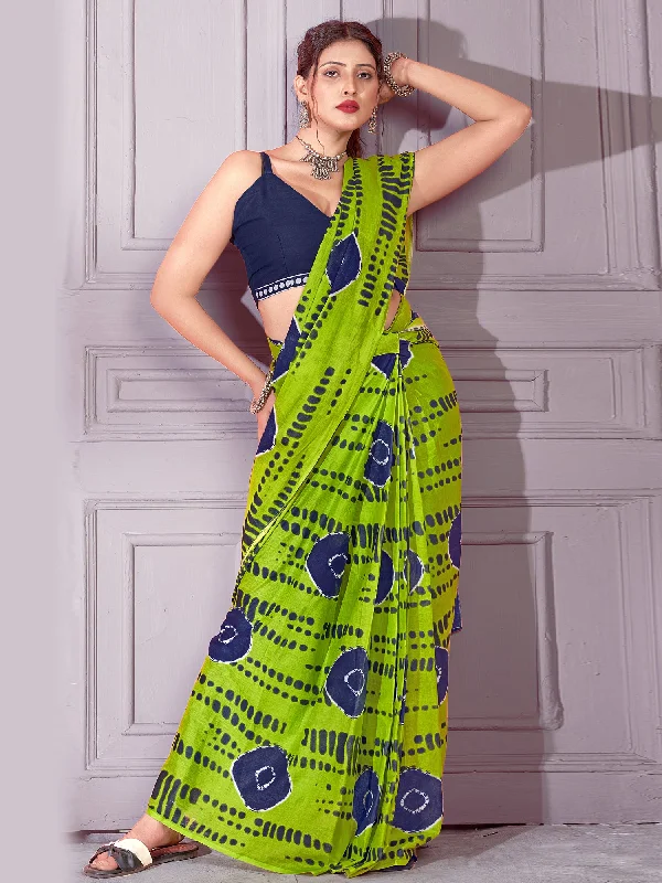 Women's Cotton Green Printed Designer Saree With Blouse Piece Airy Cotton Blouse