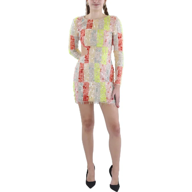 Womens Above Knee Embellished Mini Dress Cozy Cowl Neck Mini Dress