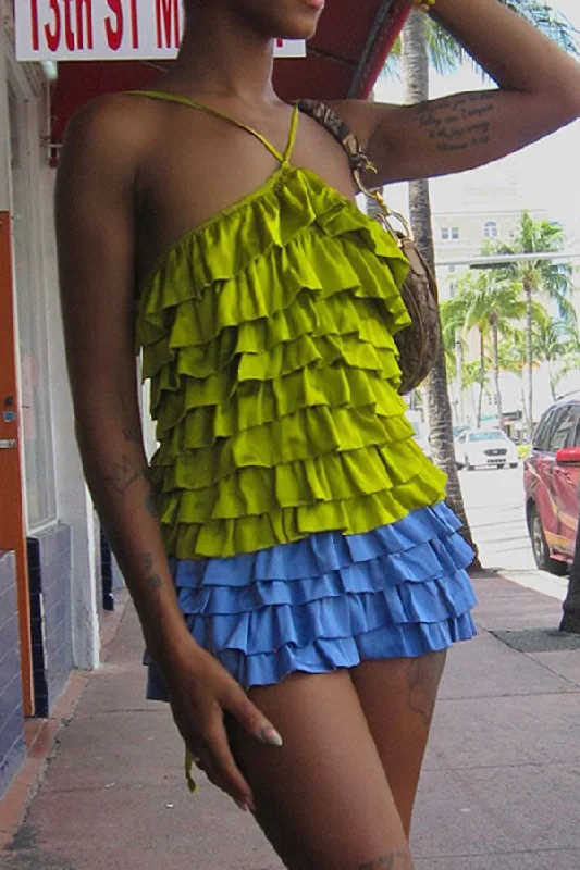 Color Block Backless Strappy Playful Tiered Ruffles Mini Dress Classic Casual Mini Dress