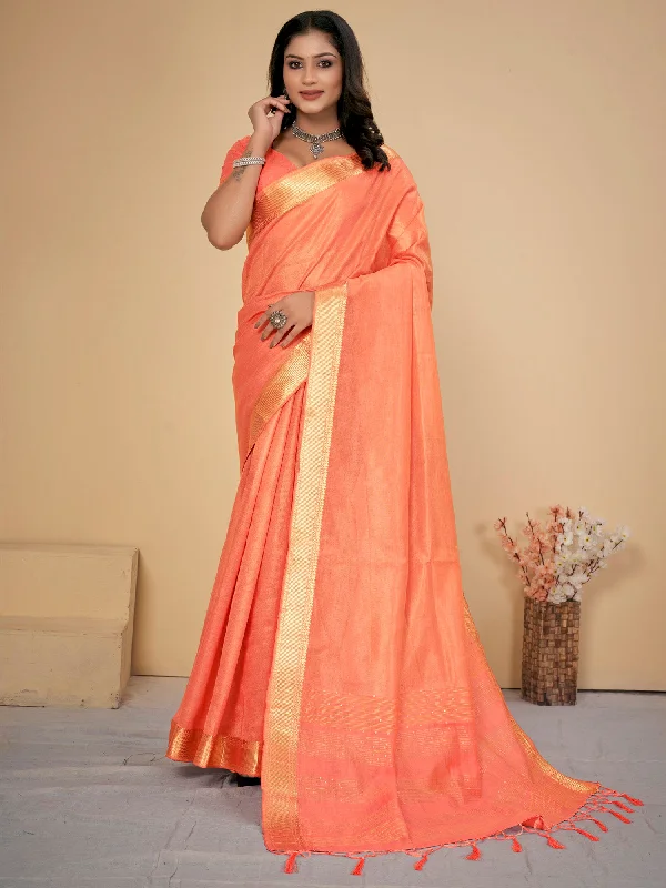 Women's Cotton Silk Peach Embellished Designer Saree With Blouse Piece Elegant Office Blouse