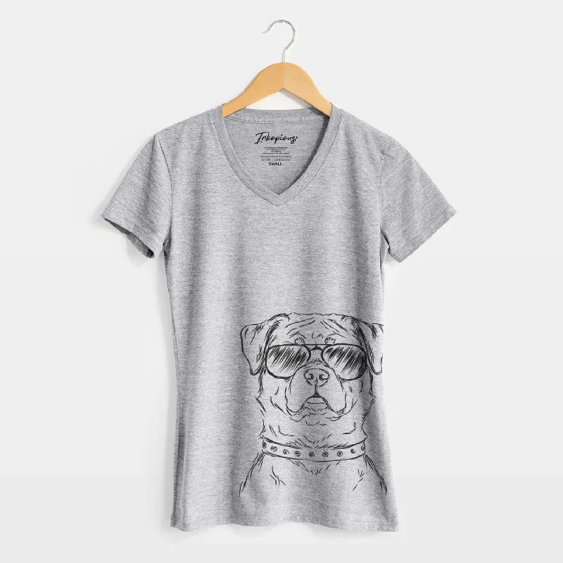 Aviator Rocky the Rottweiler - Women's V-neck Shirt-- Spandex Blend Rayon Blend Denim Blend