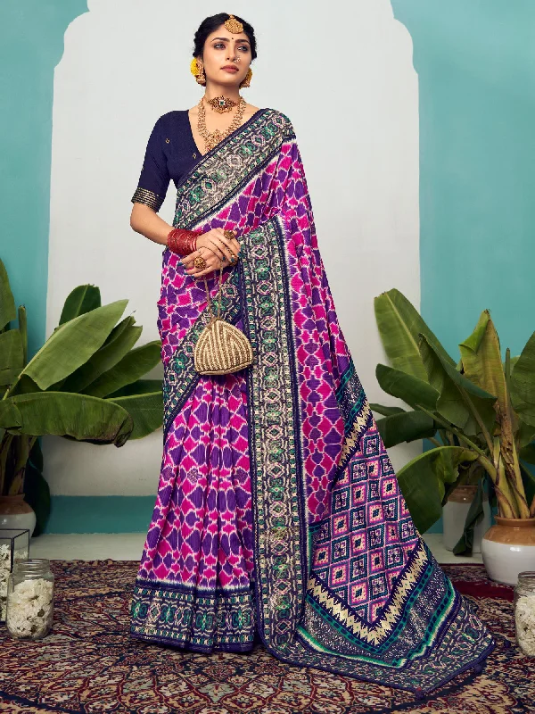 Women's Tussar Silk Purple Printed Designer Saree With Blouse Piece Double Button Blouse