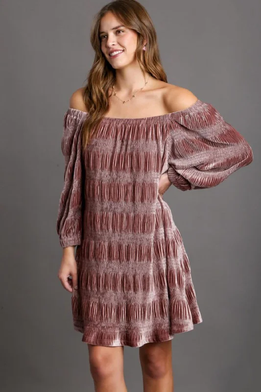 Off-Shoulder Balloon Sleeve Velvet Mini Dress Casual High-Waist Mini Dress