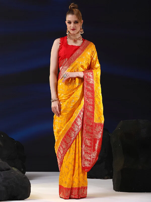 Women's Silk Blend Yellow Woven Design Designer Saree With Blouse Piece Feminine Pastel Blouse
