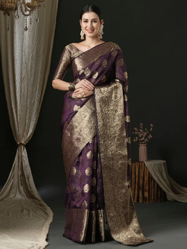 Women's Organza Purple Woven Design Designer Saree With Blouse Piece Lightweight Chiffon Blouse