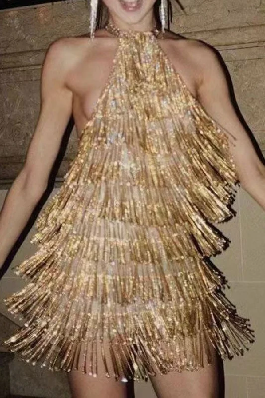 Sequined Tassel Glittery Halter Collar Mini Dress Fashionable Summer Mini Dress