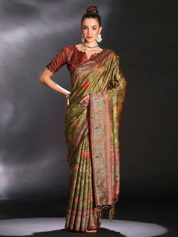 Women's Cotton Blend Olive Printed Designer Saree With Blouse Piece Sheer Mesh Blouse