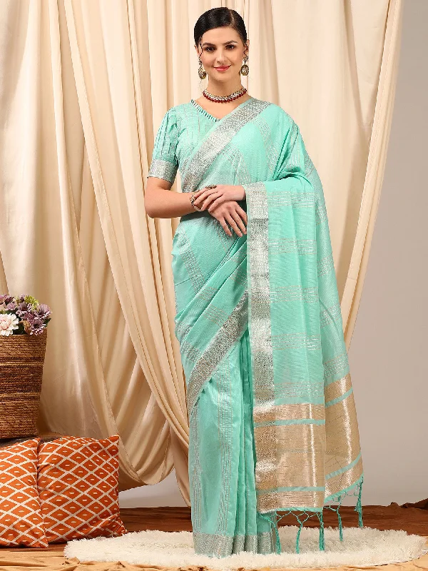 Women's Linen Turquoise Woven Design Designer Saree With Blouse Piece Office-Ready Blouse