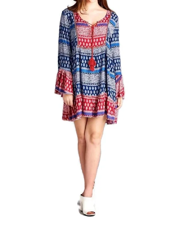 Tassel Tie Bell Sleeve Mini Dress In Blue Multi Stylish Short Sleeve Mini Dress
