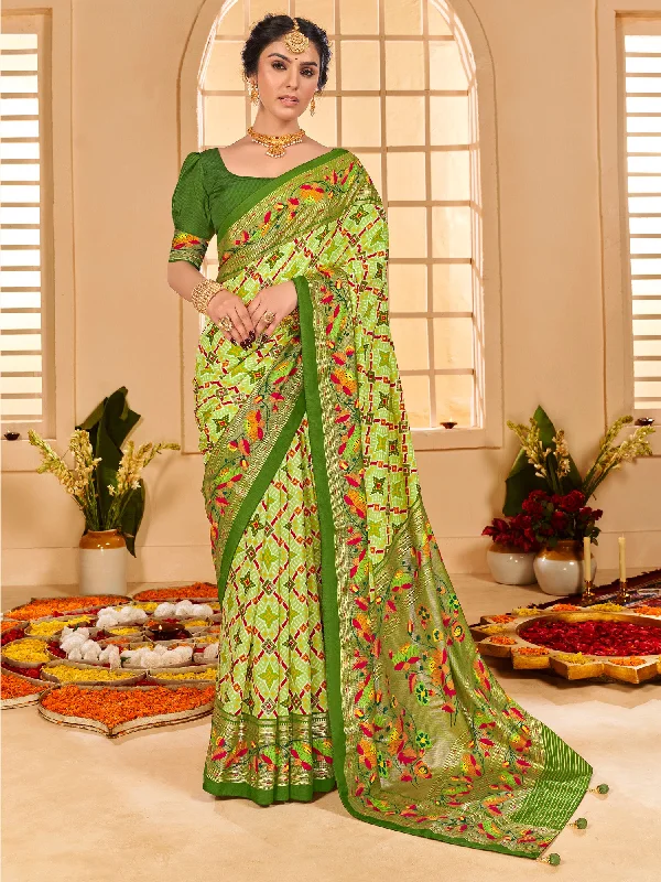 Women's Tussar Silk Light Green Printed Designer Saree With Blouse Piece Subtle Shimmer Blouse
