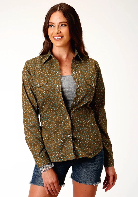 Roper Womens Brown/Turquoise Cotton Blend Mini Floral L/S Shirt-- Anti-Shrink Durable Soft