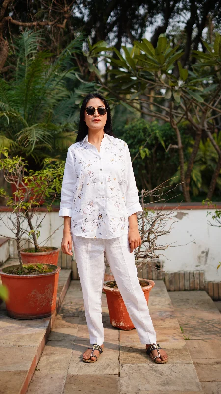 White Scribble Embroidery Long Shirt-- Striped Floral Plaid