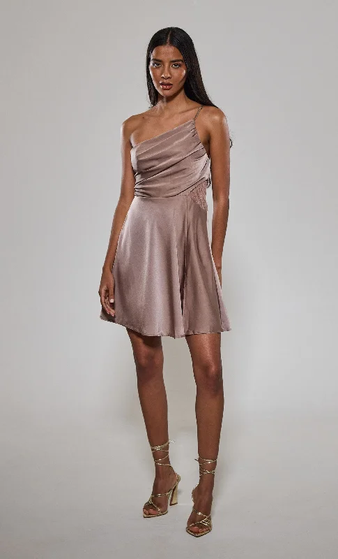 Mink One Shoulder Satin Mini Dress Trendy Camisole Mini Dress