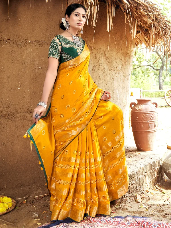 Women's Pure Silk Yellow Woven Design Designer Saree With Blouse Piece Soft Pastel Blouse
