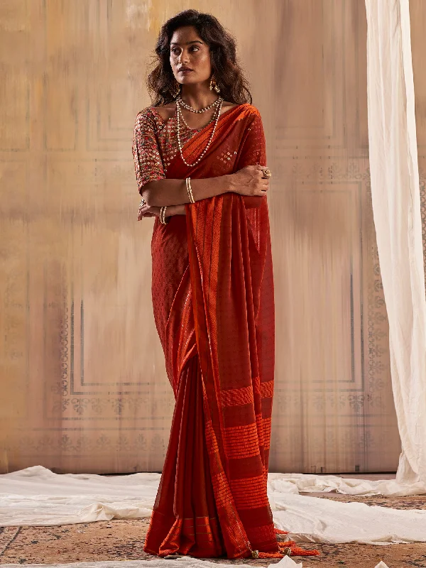 Women's Georgette Rust Printed Designer Saree With Blouse Piece Feminine Tie Blouse