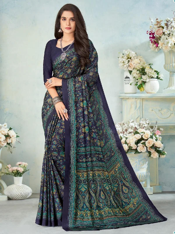 Women's Crepe Navy Blue Printed Designer Saree With Blouse Piece Asymmetric Hem Blouse