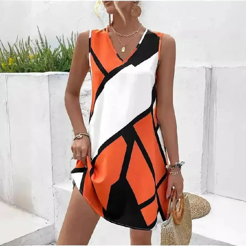 Women's Sleeveless V-neck Printed Loose Mini Dress Casual Button-Up Mini Dress