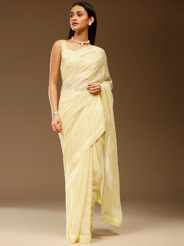 Women's Chiffon Yellow Embellished Designer Saree With Blouse Piece Classic Striped Blouse