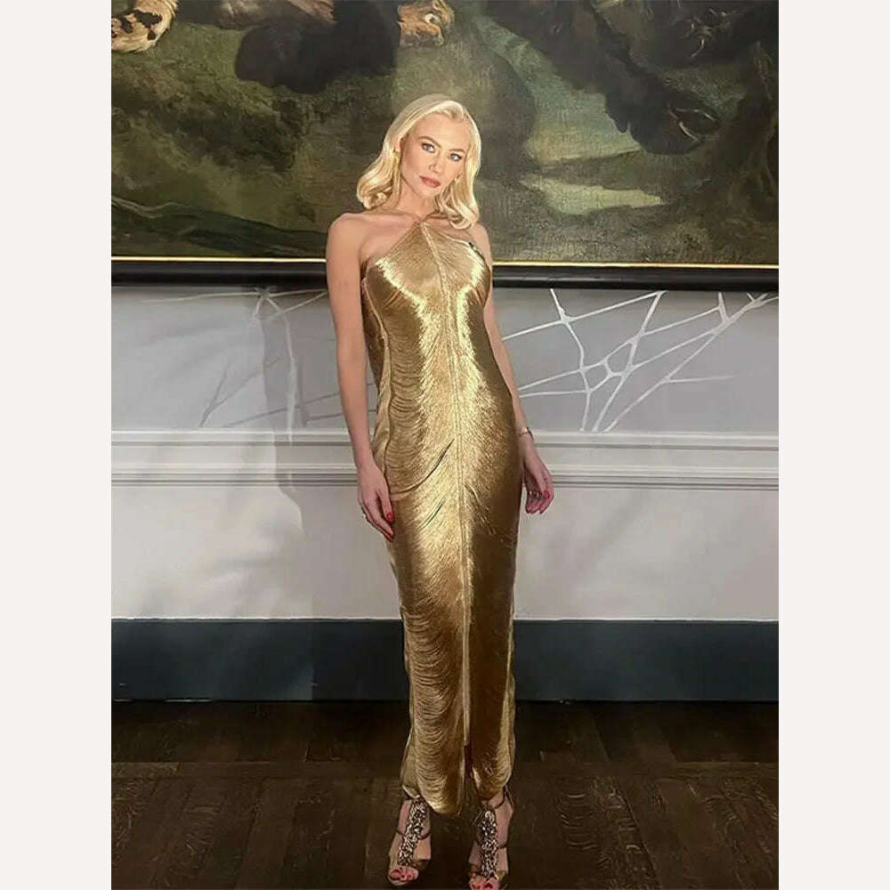 Shiny Metallic Halter Slim Mini Dress For Women Female Sleeveless Backless Bodycon Vestidos Ladies Party Club Evening Robes Fashionable Party Mini Dress