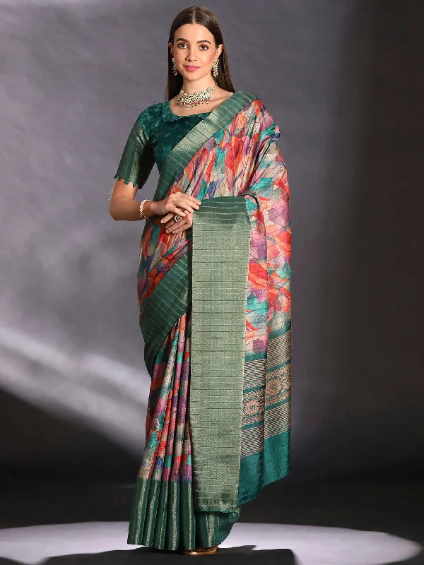 Women's Silk Blend Multicolored Printed Designer Saree With Blouse Piece Chic Wrap Blouse