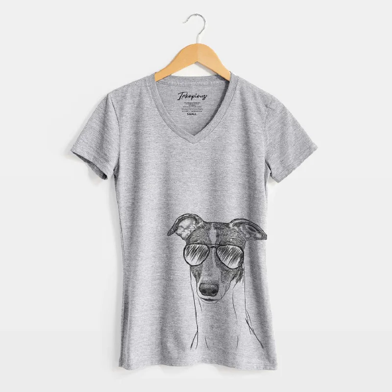 Aviator Vyncent the Greyhound - Women's V-neck Shirt-- Asymmetrical Pockets Print