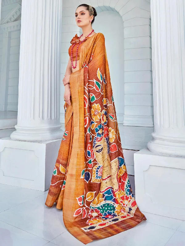 Women's Cotton Blend Orange Printed Designer Saree With Blouse Piece Lightweight Floral Blouse
