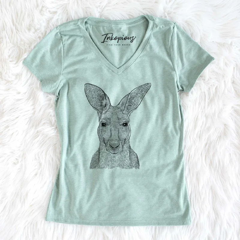 Bare Roger the Red Kangaroo - Women's V-neck Shirt-- Zippered Front Buttoned Front Snap Front