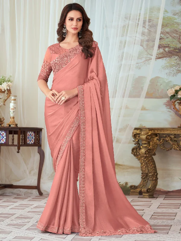Women's Silk Blend Peach Embellished Designer Saree With Blouse Piece Casual Stripe Blouse