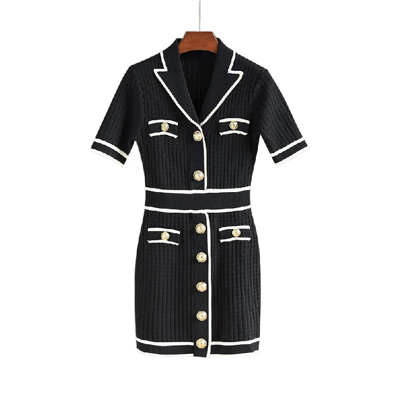 Elena Black Contrast Knit Mini Dress Stylish Plaid Mini Dress
