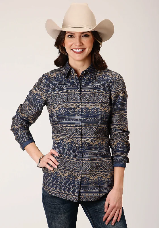 Roper Womens Blue 100% Cotton Navy Aztec Stripe L/S Shirt-- Asymmetrical Pockets Print