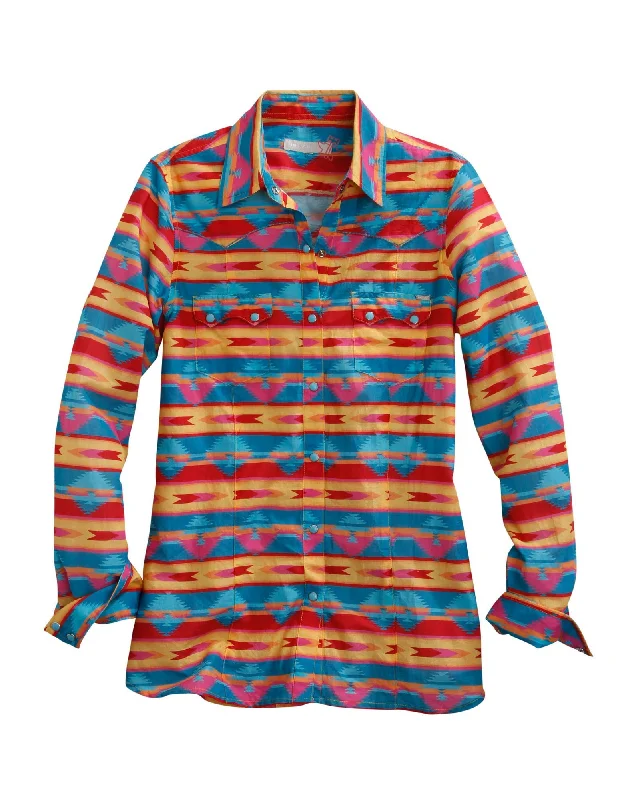 Tin Haul Womens Pink Multi 100% Cotton Retro Aztec L/S Shirt-- Hooded Caped Shawl Collar