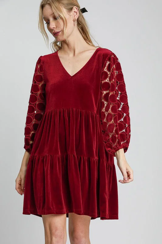 Dotted Lace Sleeve Tiered Velvet Mini Dress Trendy Off-Shoulder Dress Mini