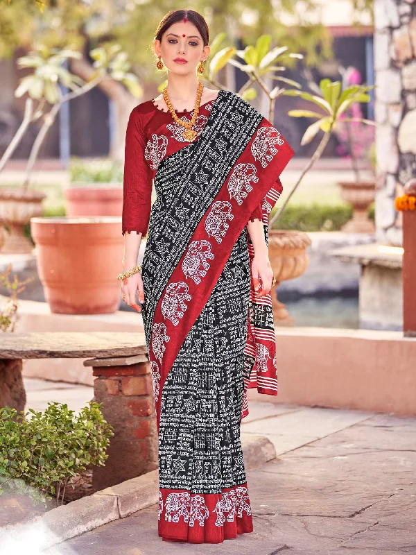 Women's Bhagalpuri Silk Black Printed Designer Saree With Blouse Piece High Neck Blouse