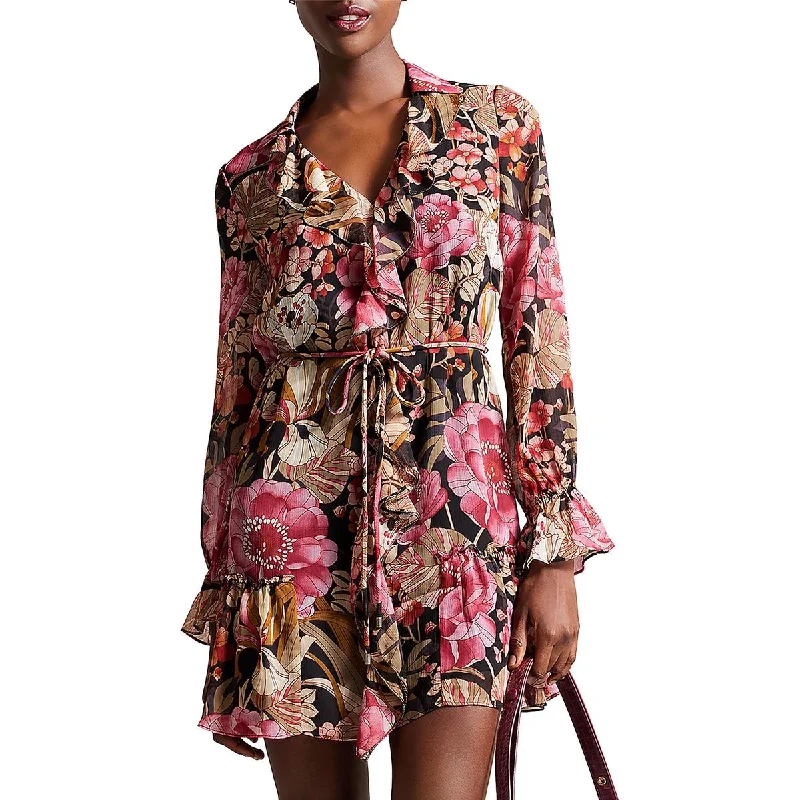 Womens Tie Waist Ruffled Mini Dress Classic Striped Mini Dress