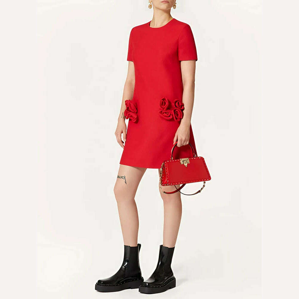 VGH Patchwork Appliques Casual Mini Dresses For Women Round Neck Short Sleeve High Waist Solid Minimalist Dress Female Fashion Trendy Cut-Out Mini Dress