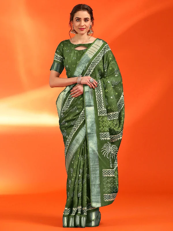 Women's Cotton Silk Green Printed Designer Saree With Blouse Piece Soft Knit Blouse