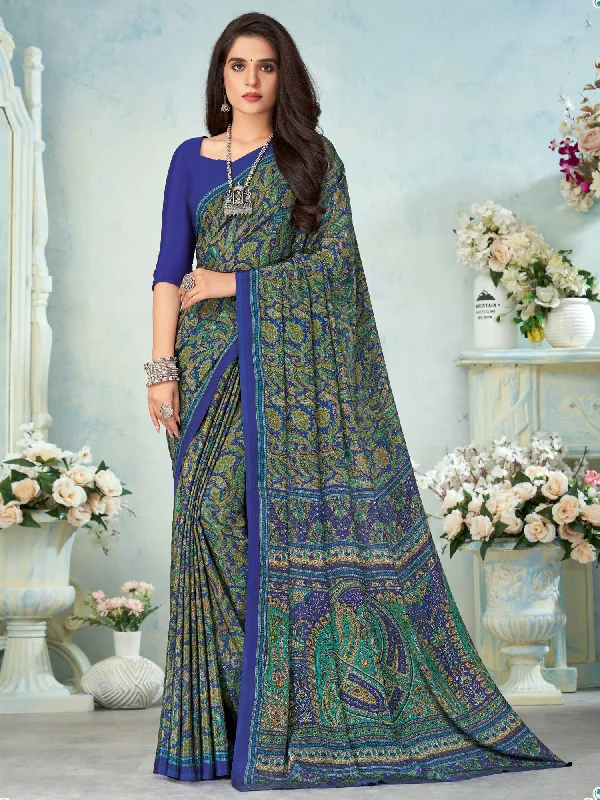 Women's Crepe Blue Printed Designer Saree With Blouse Piece Balloon Sleeve Blouse