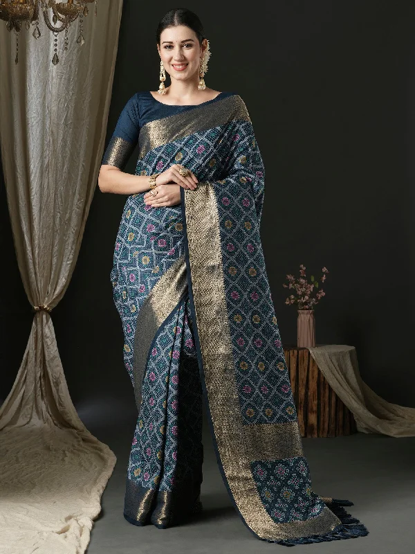 Women's Silk Blend Navy Blue Woven Design Designer Saree With Blouse Piece Ruffled Neck Blouse