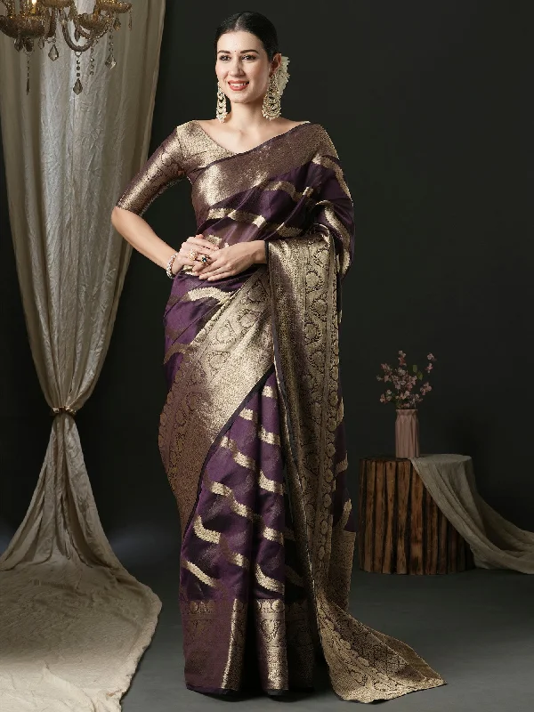 Women's Organza Purple Woven Design Designer Saree With Blouse Piece Loose Fit Blouse