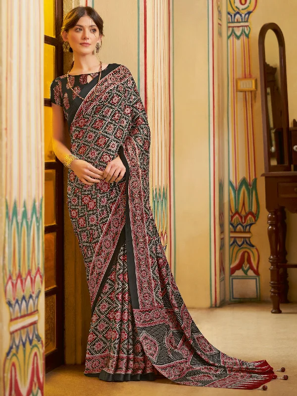 Women's Crepe Black Printed Designer Saree With Blouse Piece Lightweight Linen Blouse