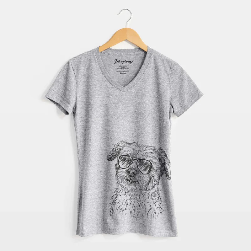 Aviator Roxie the Schnauzer Shih Tzu Mix - Women's V-neck Shirt-- Nylon Fabric Polyester Fabric Spandex Fabric