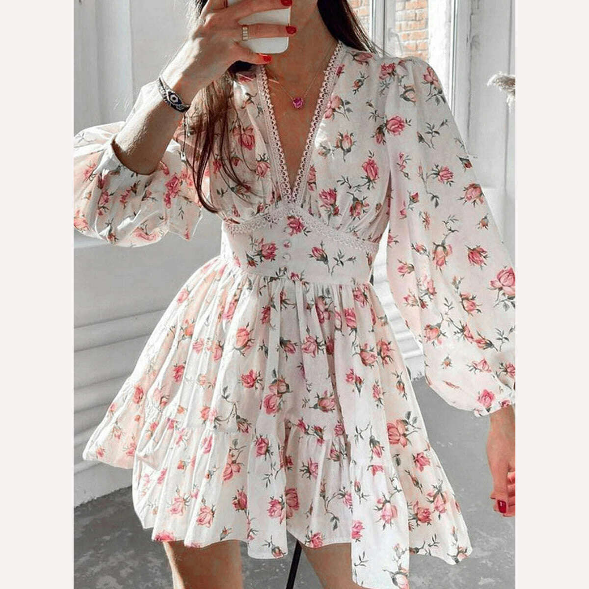 Women Elegant Summer Dress Long Sleeve Floral Print Mini Dress Deep V Ruffle A-Line Fairy Flowy Swing Mini Dress Elegant Mini Dress with Pleats