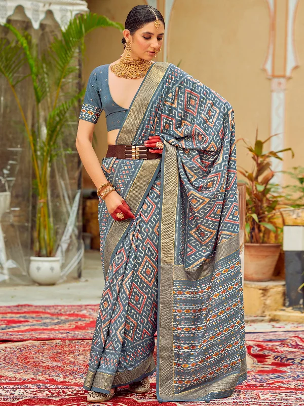 Women's Tussar Silk Grey Printed Designer Saree With Blouse Piece Satin Drape Blouse