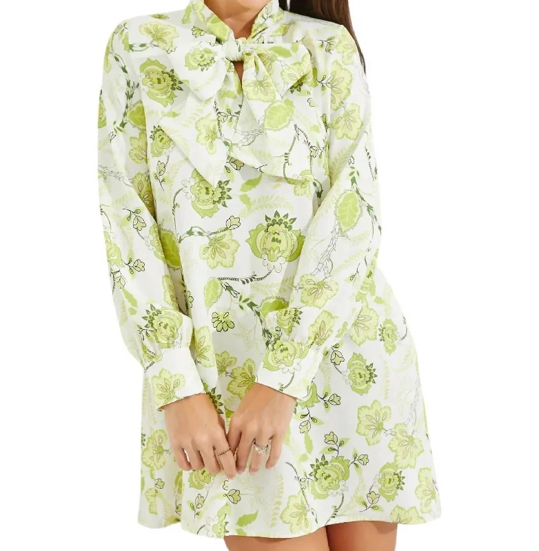 Woven Tie Neck Mini Dress In Green Fashionable Summer Mini Dress