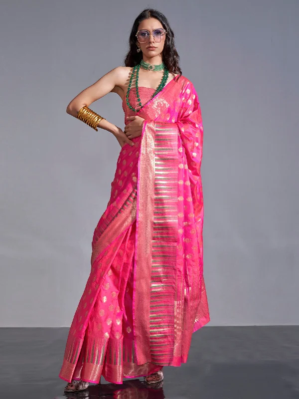 Women's Silk Blend Pink Woven Design Handloom Saree With Blouse Piece High Neck Blouse
