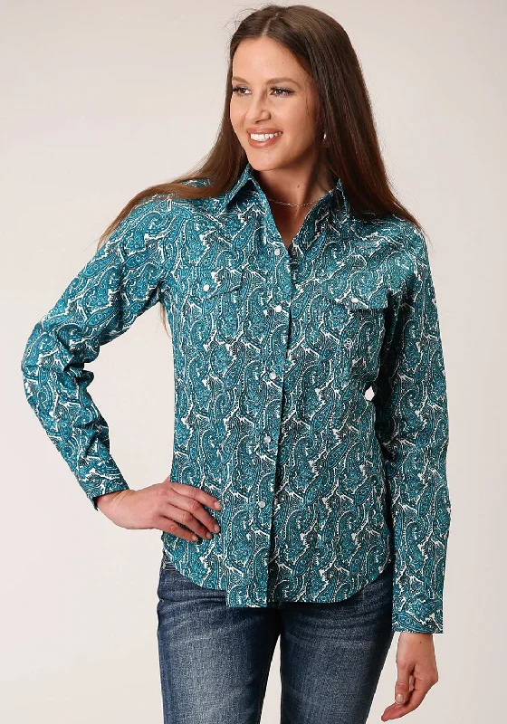 Roper Womens Turquoise 100% Cotton Upstream Paisley L/S Shirt-- Casual Formal Business