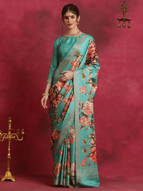 Women's Cotton Blend Blue Printed Designer Saree With Blouse Piece Stylish Wrap Blouse