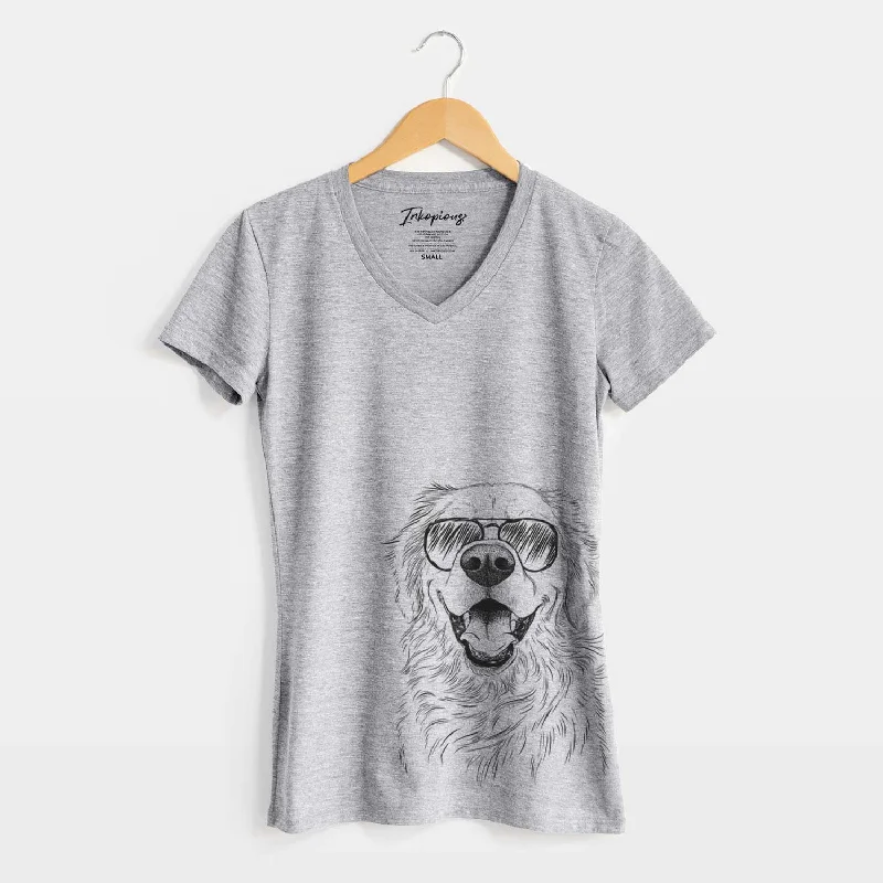 Aviator Roger the Golden Retriever - Women's V-neck Shirt-- Graphic Embroidered Appliqued