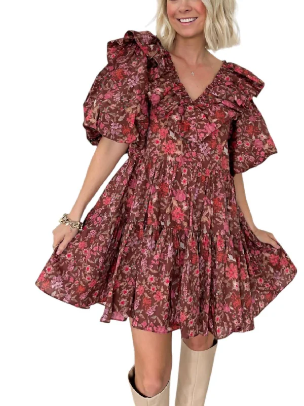 Autumn Bloom Floral Ruffle Mini Dress In Brown Chic Mini Dress with V-Neck