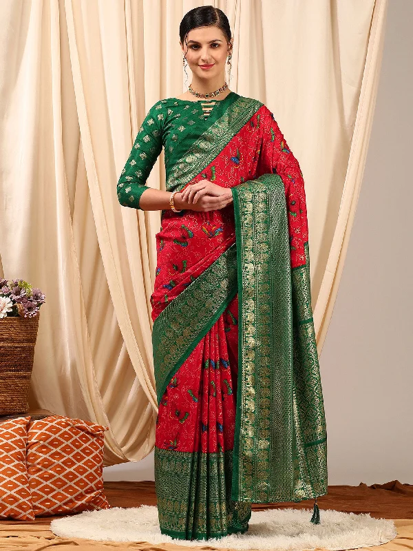Women's Cotton Blend Red Printed Designer Saree With Blouse Piece Drape Neck Blouse